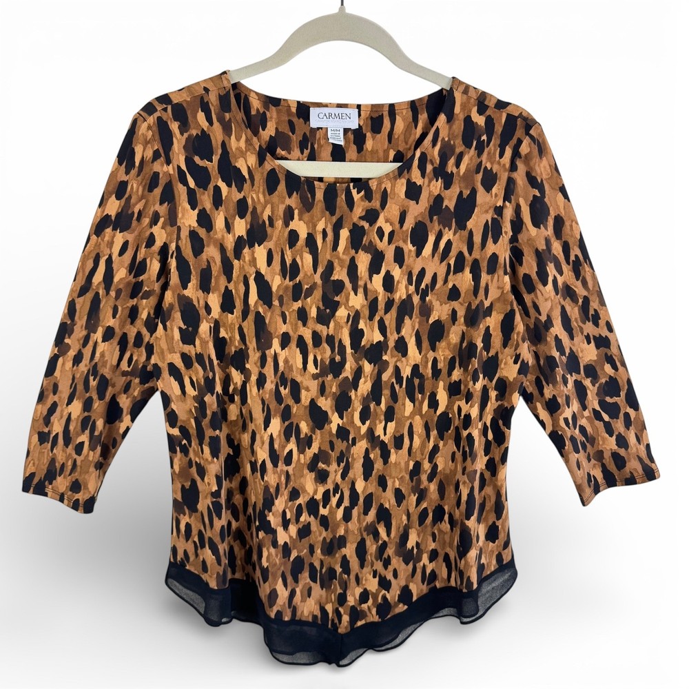 Carmen Marc Valvo Leopard Print 3/4 Sleeve Knit Top with Layered Mesh Hem Medium