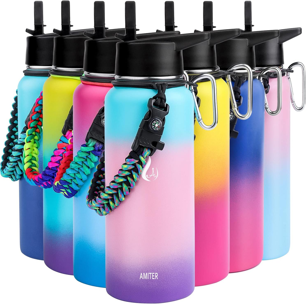 32Oz Insulated Bottle with Straw & Spout Lid, Wide Mouth Stainless Steel Water B