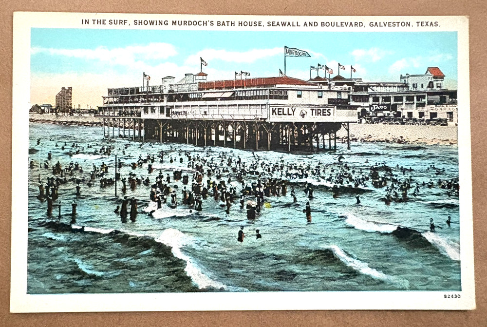 Galveston TX-Texas, Murdoch's Bath House, Beach in the Surf Vintage Postcard