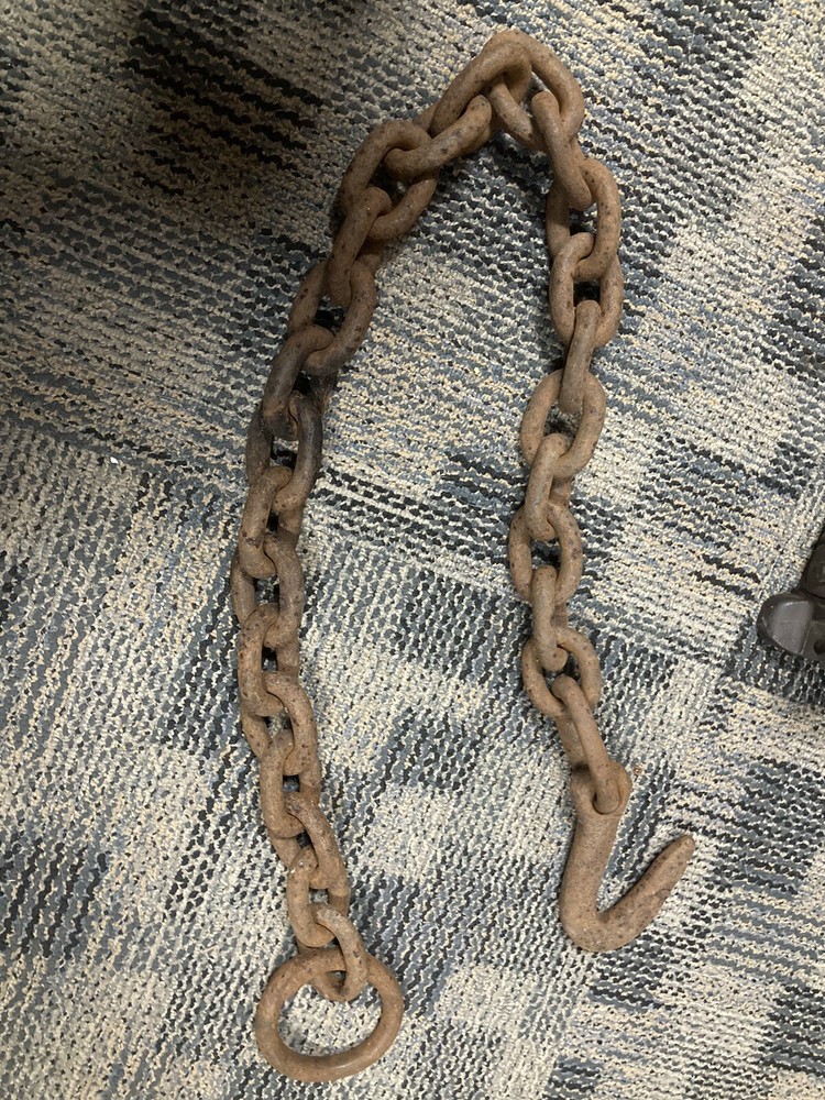 Vintage Farm Fence Stretcher Iron Chain w/ Hook 4' hand forged ring  and hook.