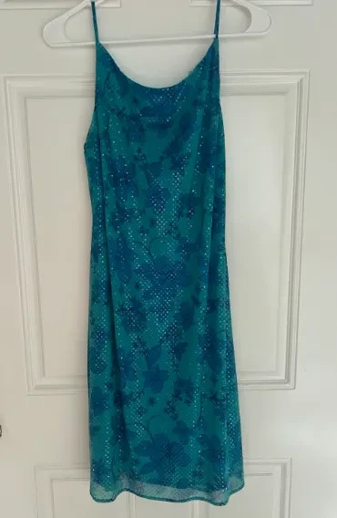 READ! Vintage 90s Teal Sparkle Dot Hawaiian Floral Sleeveless Midi Dress