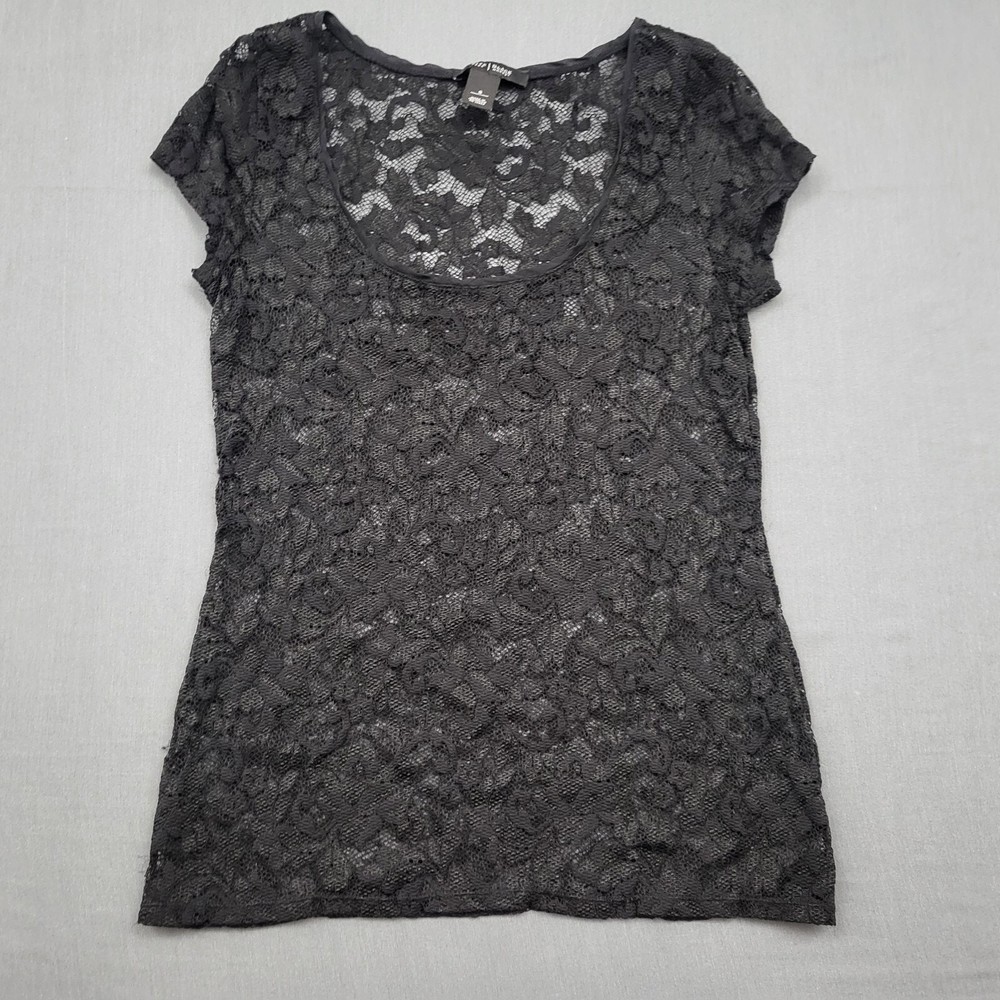 White House Black Market Black Lace Sheer Short Sleeve Scoop Neck Top Size S