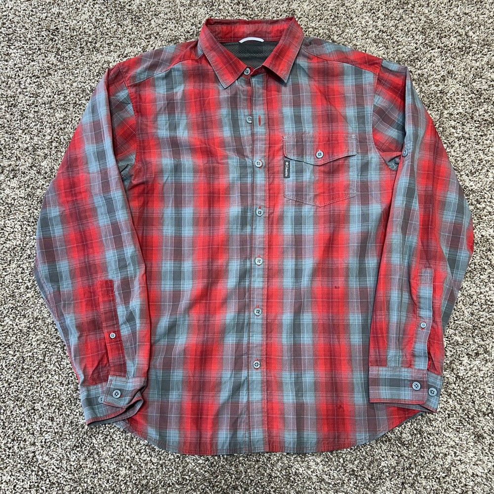 Columbia Shirt Mens Large Red Gray Plaid Long Sleeve Vented Button Down Hiking