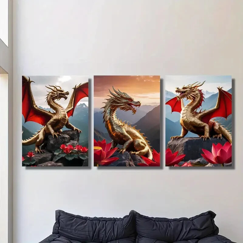 3pcs Golden Dragons with Red Wings, Metal Print  Ready to Hang Art