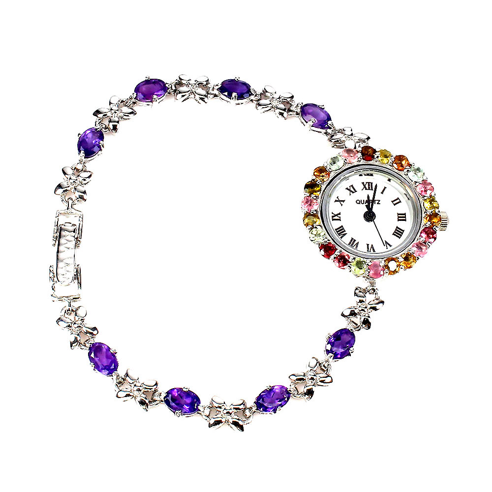 Valentine 925 Silver Watch Oval Amethyst Tourmaline Natural Gemstone Jewelry 8in