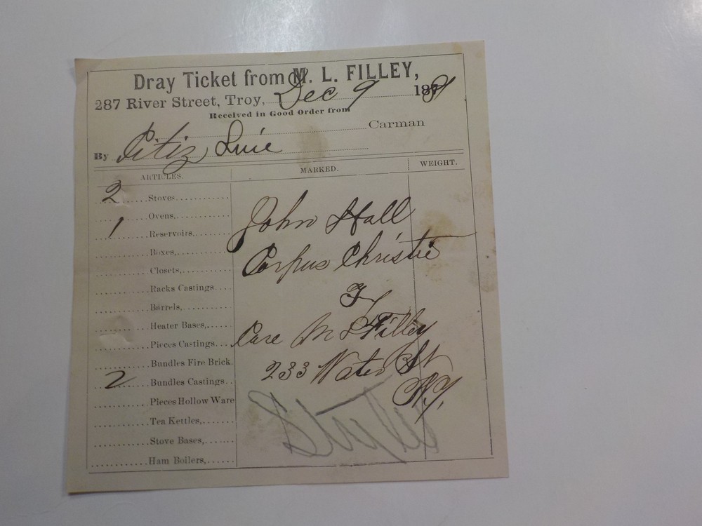 Antique Document 1881 Corpus Christi Texas Troy New York M. L. Filley VTG