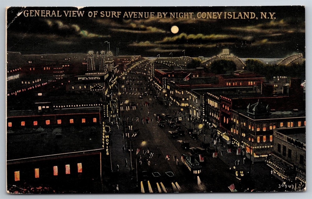 General View Of Surf Ave At Night Full Moon Coney Island NY C1950s Postcard AC8