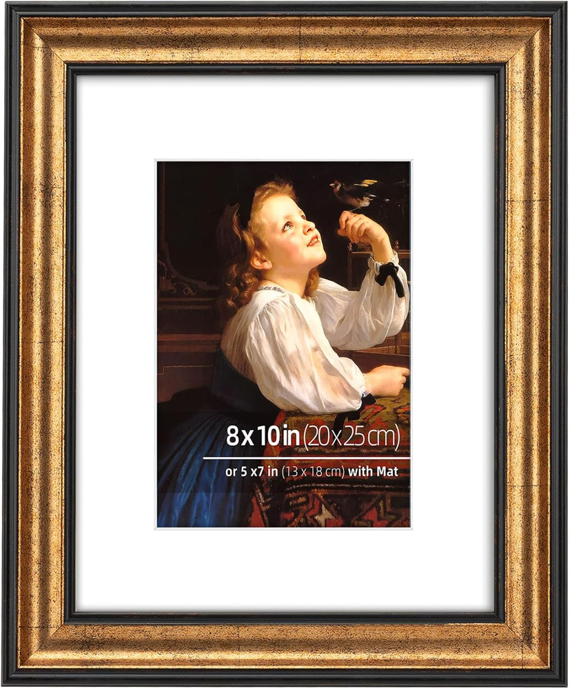 8X10 Real Wood Antique Gold with Dark Brown Trim Picture Frame - Easel Stand, Sa