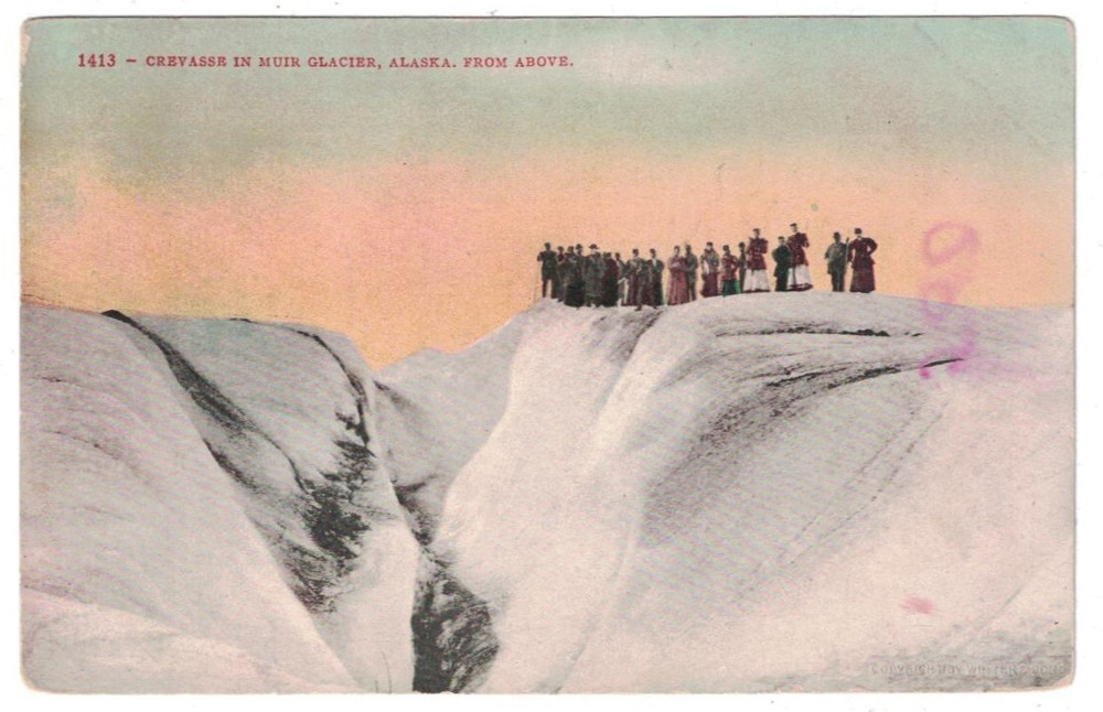 Antique 1910 Tourists Looking Into Crevasse On Muir Glacier Alaska Postcard