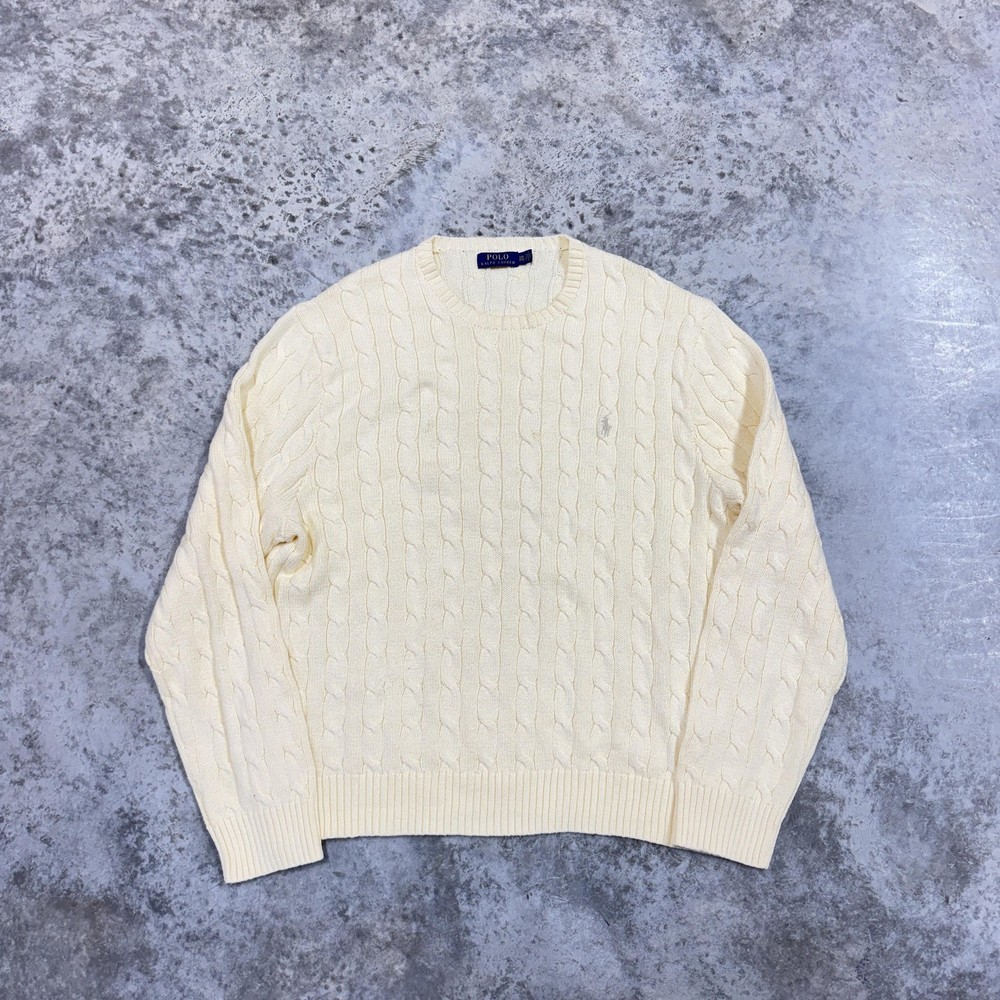 Polo Ralph Lauren Sweater Mens 2XL White Cable Knit Cotton Crewneck Pullover