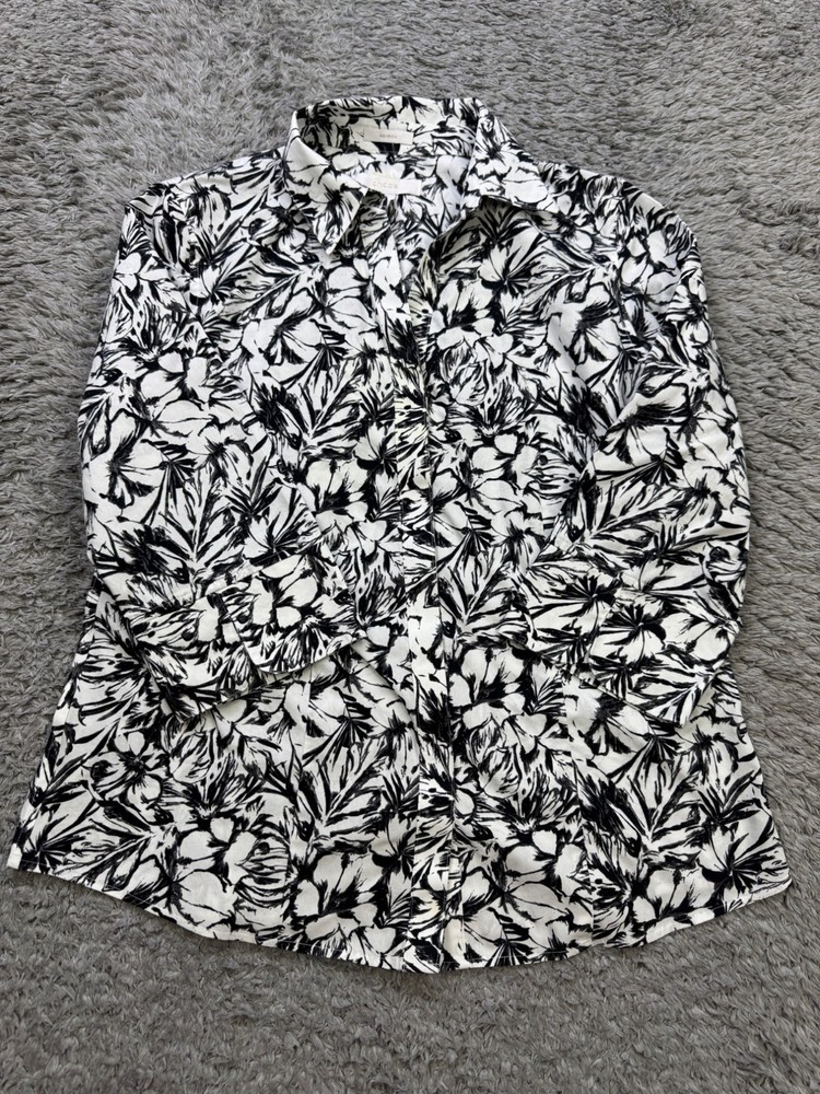 Chicos Top Women Medium White Floral Non Iron 3/4 Sleeve Button Up Shirt Tunic