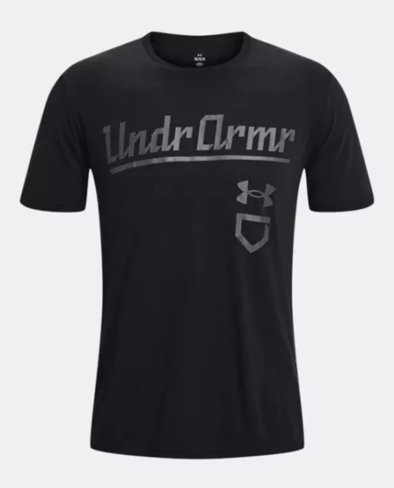 NEW Under Armour UA Baseball Script T Shirt Mens Sz SMALL- Black/Grey Loose