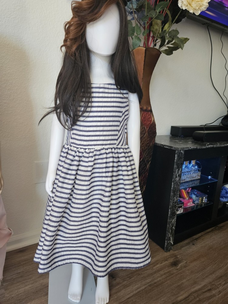H&M Girls A-Line Striped Knee Length Dress Sleeveless White Navy Size 8 Bow
