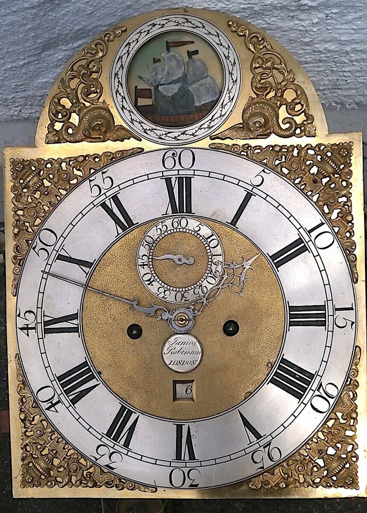J Robinson London Rocking Ship Longcase Clock Dial and Movement 12x16.25 Inch Circa 1750