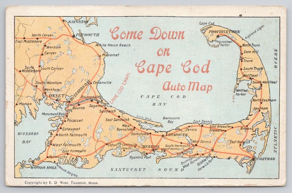 Vintage Cape Cod Auto Map Postcard - Massachusetts Road Trip Souvenir