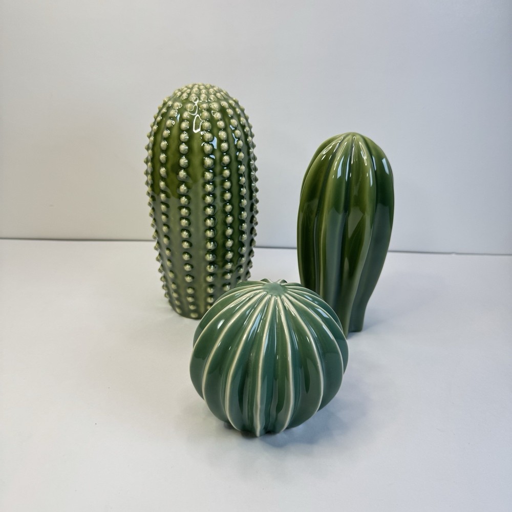 Ikea SJÄLSLIGT Ceramic Green Cactus Succulent Figures Shelf Plants Set Of 3