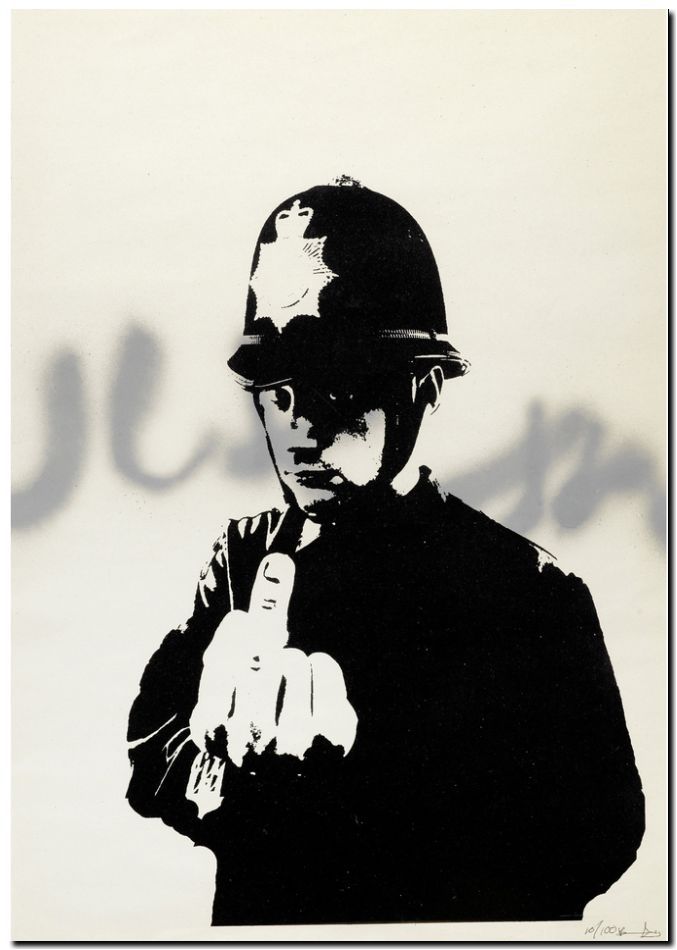 BANKSY STREET ART *FRAMED* CANVAS PRINT Rude Cop finger 18x12
