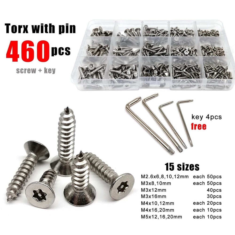 M2.6-M5 SS304 Pin Torx Countersunk Head Security Self-tapping Wood Screw Set Kit