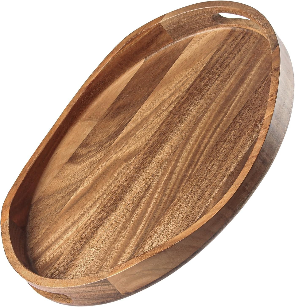 Acacia Wood Round Serving Tray with Handles - 17x13 Inch Decorative Ottoman Tray-image