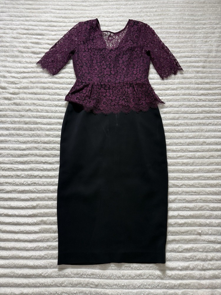 L.K. Bennett Purple Black Lace Peplum Midi Sheath Dress V-Neck Half Sleeve US 6