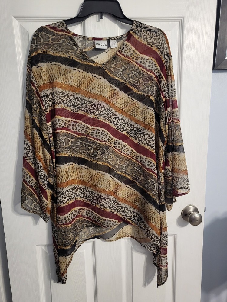 Chico's Women's Multicolor Boho Print Embellished Beaded Silk Blouse Size S/M