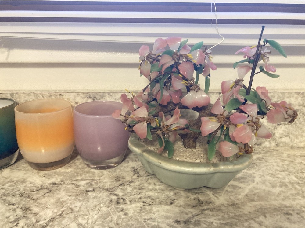 Vintage Bonsai Tree Asian Pot Jade leaves Pink Cherry Blossom 8.5 inch