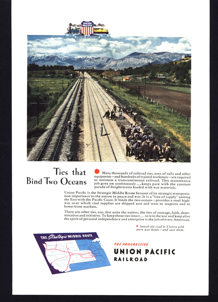 1944 Union Pacific Railroad Laying Track Vintage Print Ad