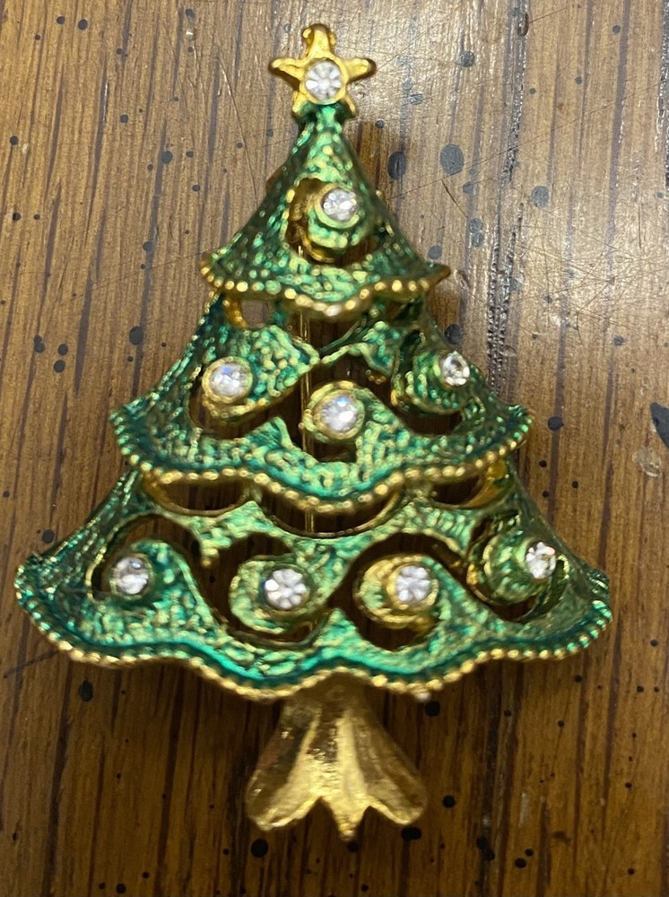 Vintage Gold Tone 1 3/4” Christmas Tree Brooch Pin Green Enamel Clear Rhinestone