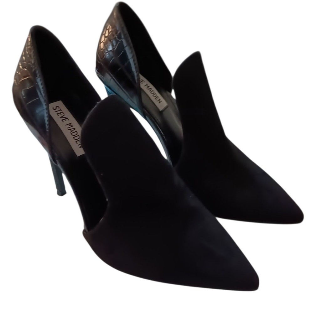 STEVE MADDEN Black Faux Suede Croc High Heels Pointy Toe Dressy Event Shoes Size 7