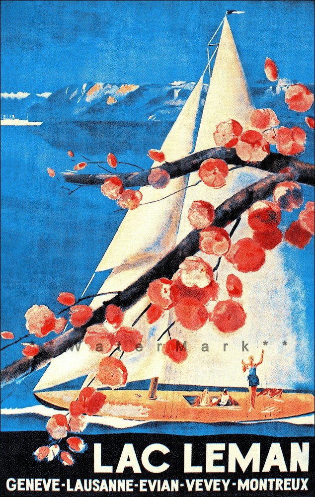 Geneva Switzerland 1940 Lac Leman Vintage Poster Print Retro Style Travel Art