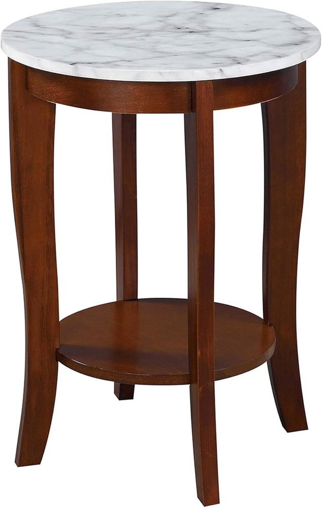 American Heritage Round End Table White Faux Marble / Espresso