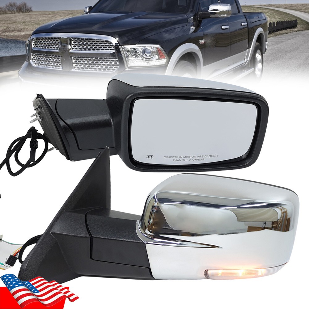 PAIR Power Mirror For Ram 1500 2500 3500 2013-2018 Heated Chrome W/ Puddle Light