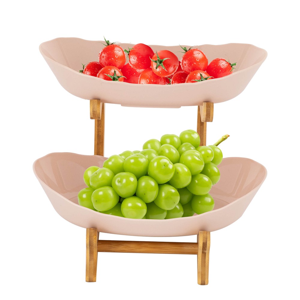2-Tier Fruit Basket with Bamboo Wood and Food-Grade PP, Detachable Bowls with