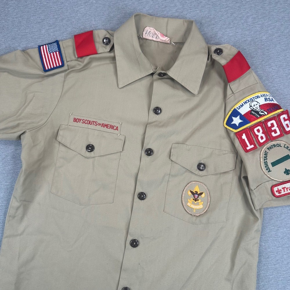 Boy Scouts of America Uniform Shirt Mens Small Tan Short Sleeve Patches USA Made