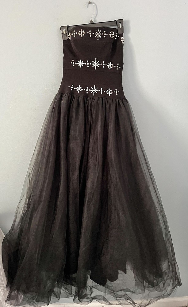 Vtg Tadashi Shoji Black Tulle Jewel Sz 4 Goth 90's Strapless Evening Gown Whimsy