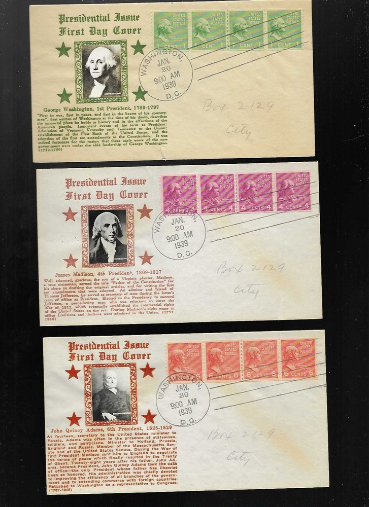 US FDC FIRST DAY COVERS  PRESIDENTS 1939 COILS LINE PAIRS  LOT OF 3 BY CROSBY