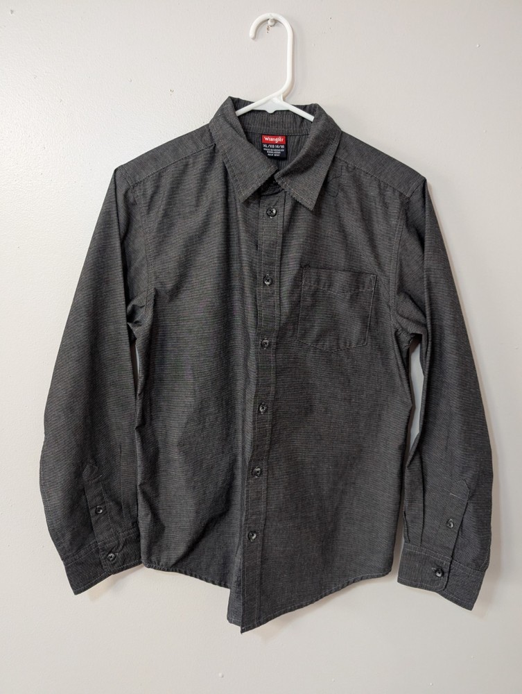 Wrangler Black Gray Fine Stripe Slub Woven Button Up Shirt Boys Size XL 14-16