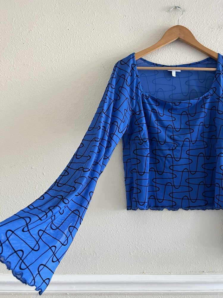 Y2K Blue Mesh Long Sleeve Crop Top L Jr Abstract Print Sheer Flowy Flare Sleeve