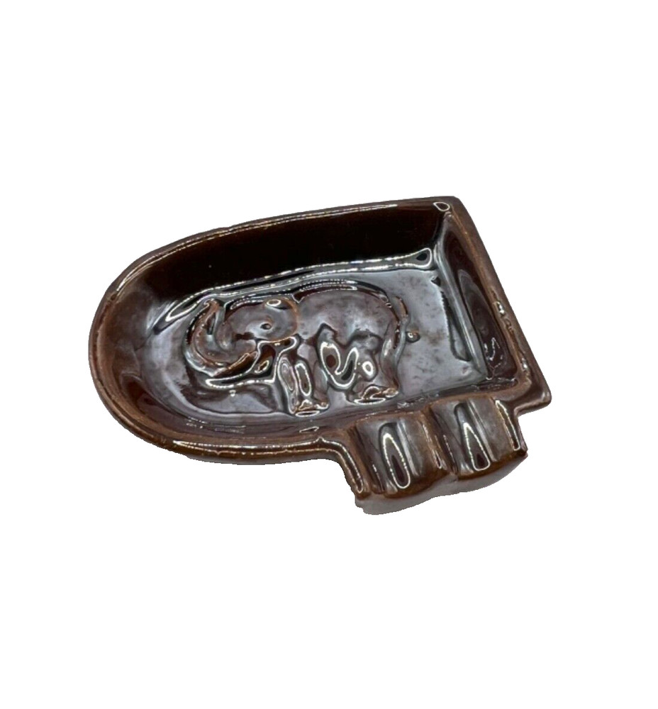 Vintage Occupied Japan Lucky Elephant Ashtray Brown Glazed Redware Pottery Tray