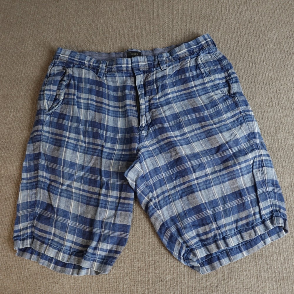 J.Crew Mens Shorts 32 Blue Plaid Linen 10