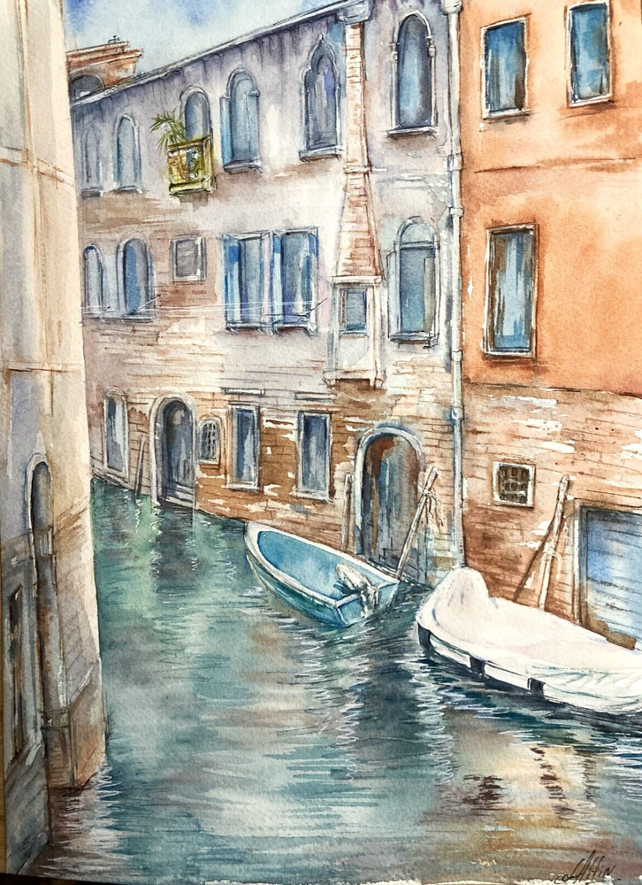 Original Venice Watercolor Painting with Board Reflection from Italy