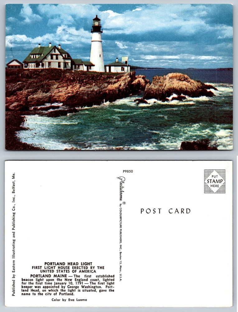 Portland Head Light Maine Vintage Postcard Plastichrome Lighthouse Coast
