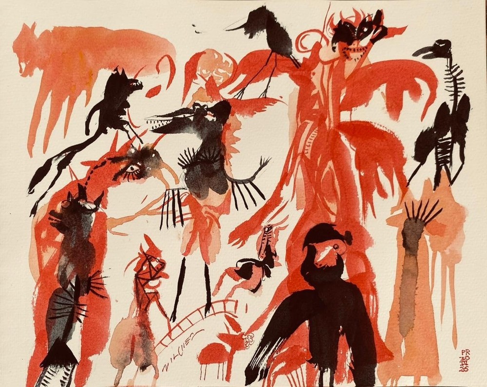 Original Art. Ink and Wash Drawing by Peruvian Artist Francisco VilchezMedium: Chinese Ink and Red Wash on Watercolor Paper