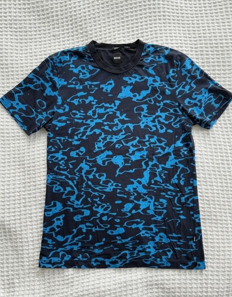 HUGO BOSS TIBURT Blue Black Abstract Camouflage Tessler Graphic T-Shirt - Mens L-image
