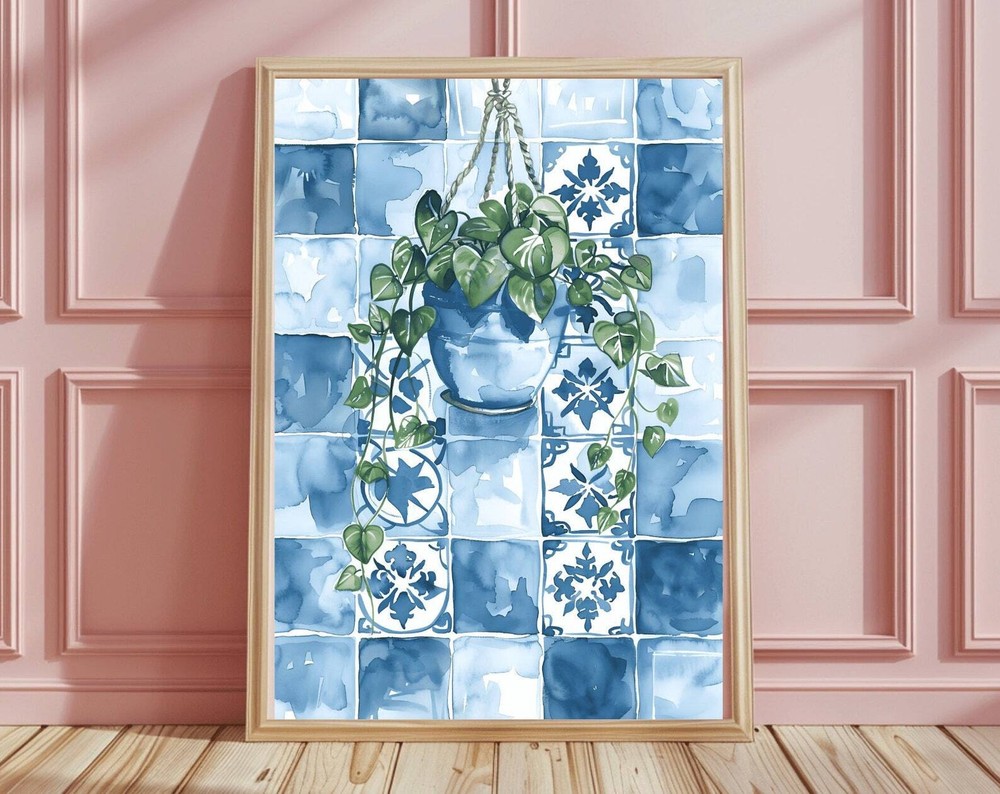 Morocco Tile Plant Wall Art Boho Botanical Print Moroccan Blue Tile Wall Art