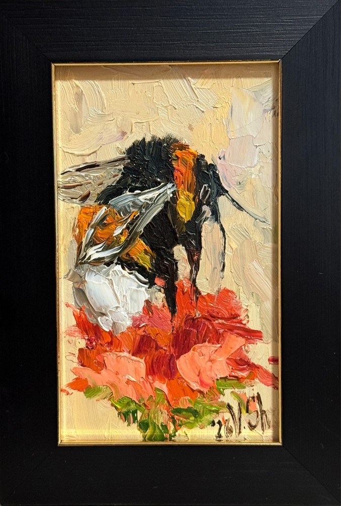 Framed Original Painting Bumblebee Honey Bee Impasto Flower Oil Signed Art