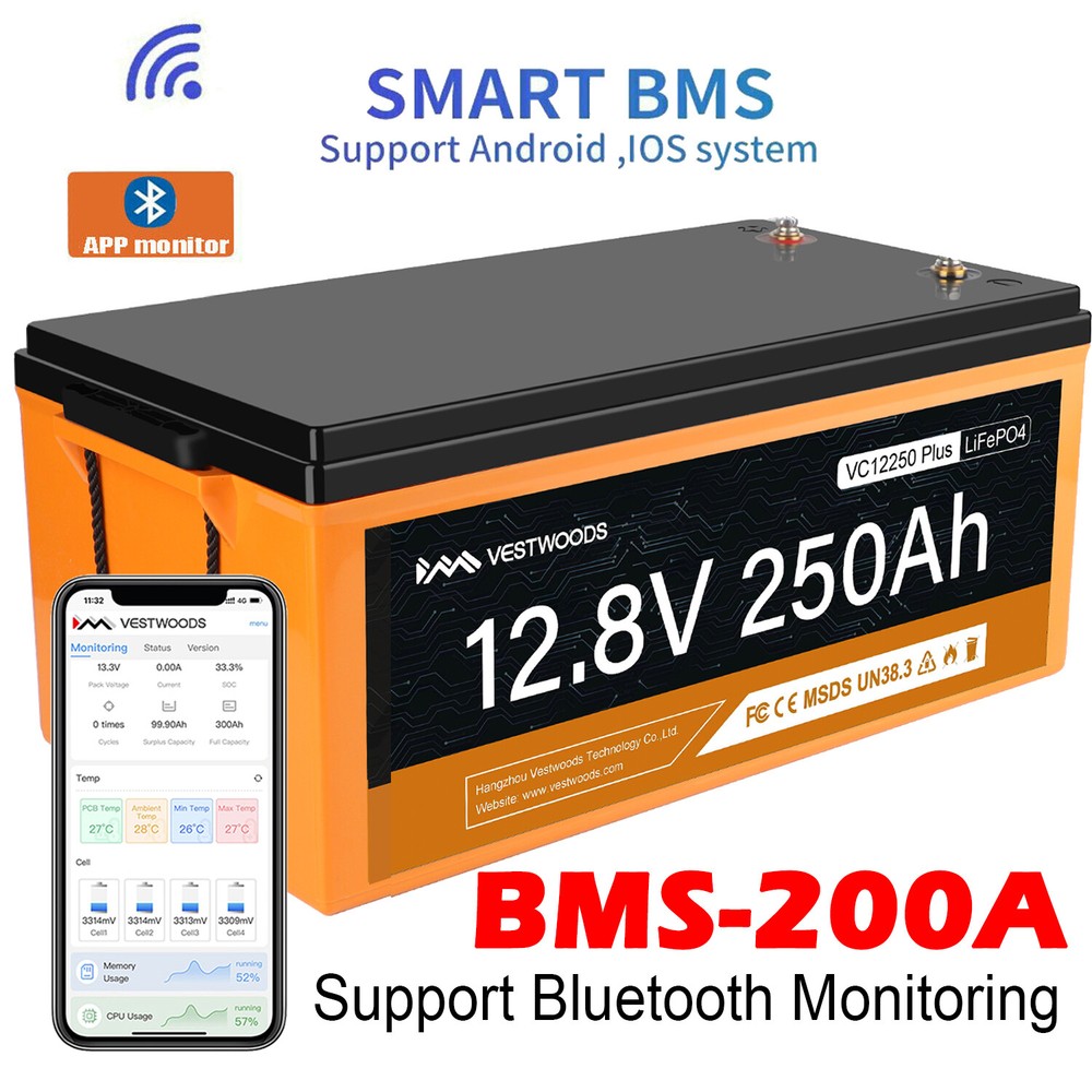 12V 250AH LiFePO4 Deep Cycle Lithium Battery for RV Off-Grid BMS 200A Bluetooth