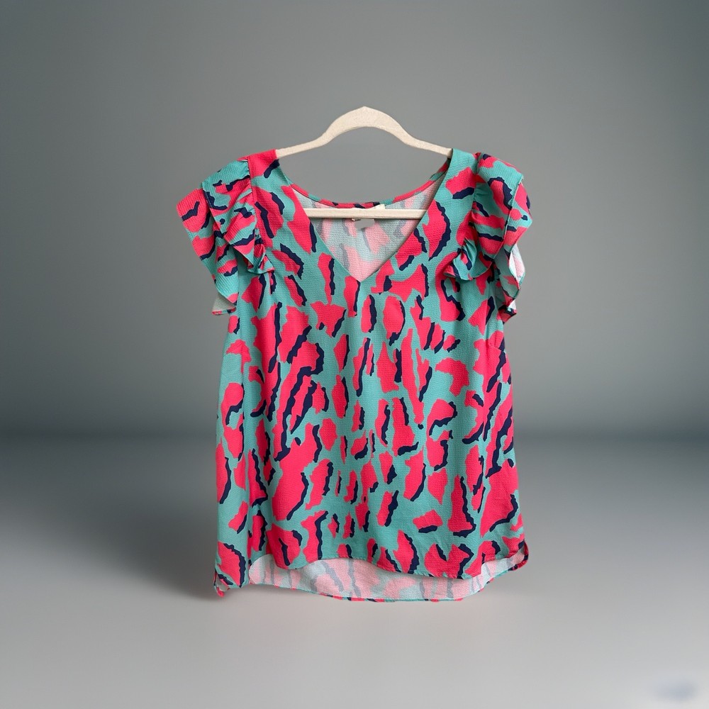 Umgee Women's Pink And Teal V-Neck Animal Print Blouse Flutter Sleeve Size L