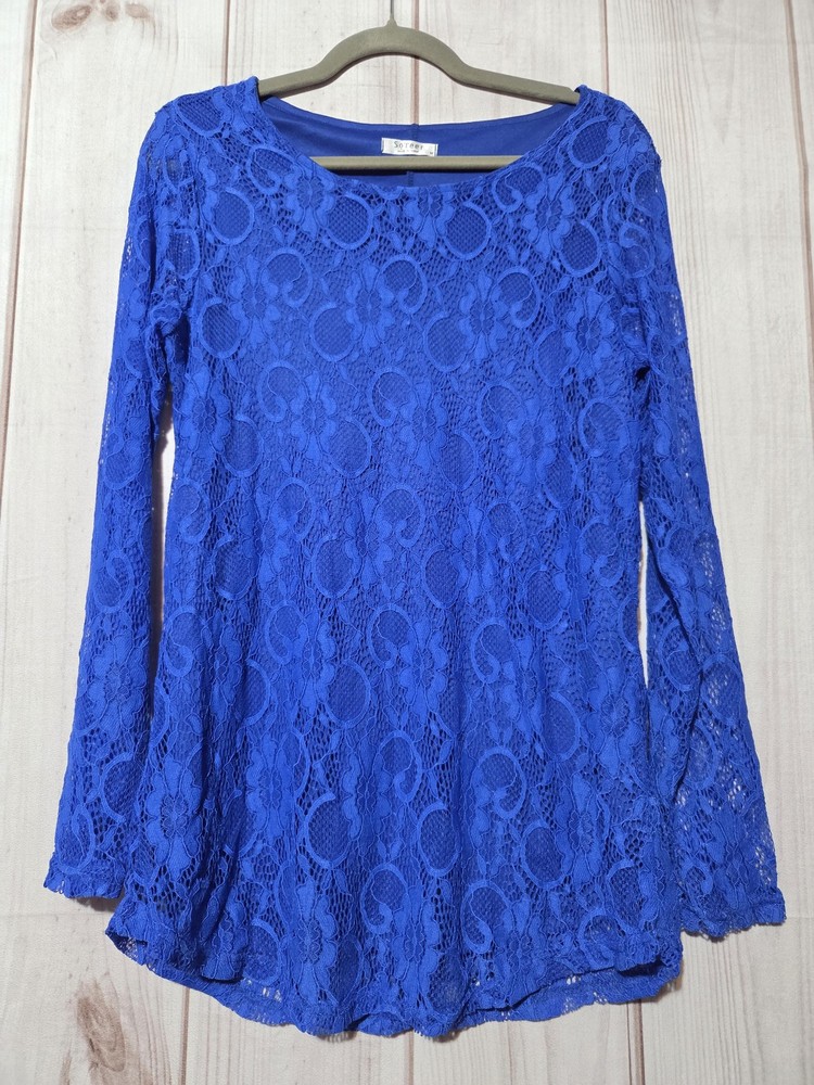 SoTeer Blouse Womens Medium Blue Floral Lace Long Sleeve Tunic Top Stretch