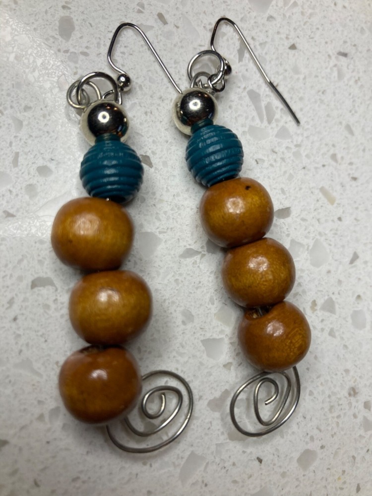 Silver wire-wrapped wooden bead blue and silver dangle earrings